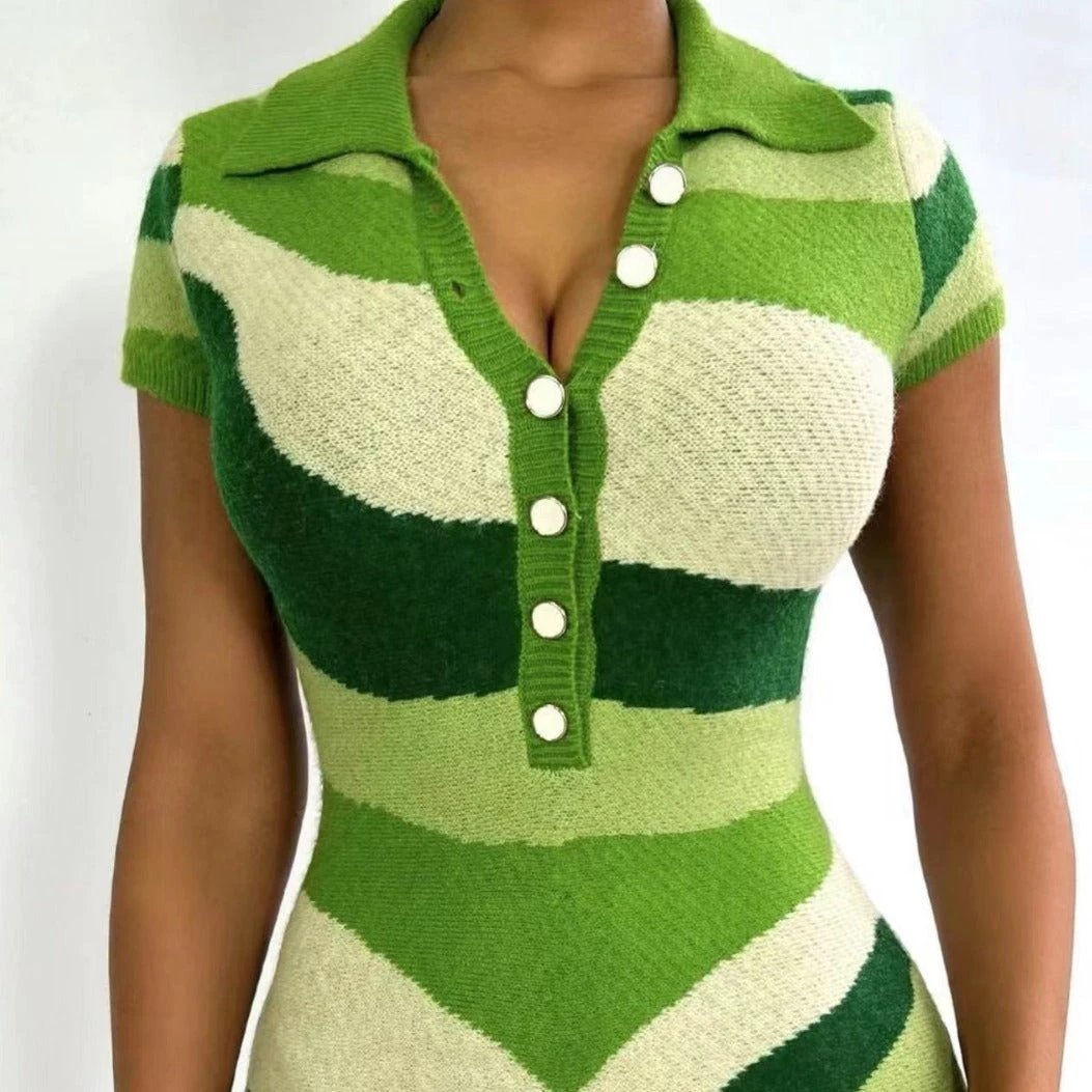 Spring And Summer Knitted Woolen Fashionable Elegant Contrast Color V-neck Short-sleeved One-piece Shorts by GJG Denim