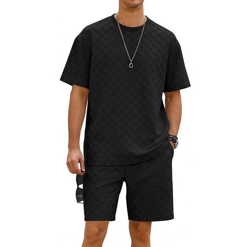 Checkered Mens Short-sleeve T-shirt And Casual Shorts Set by GJG Denim