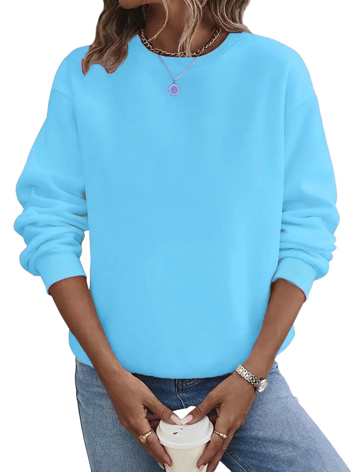 Solid Color Blank Round Neck Plus Size Fashion Sweater by GJG Denim