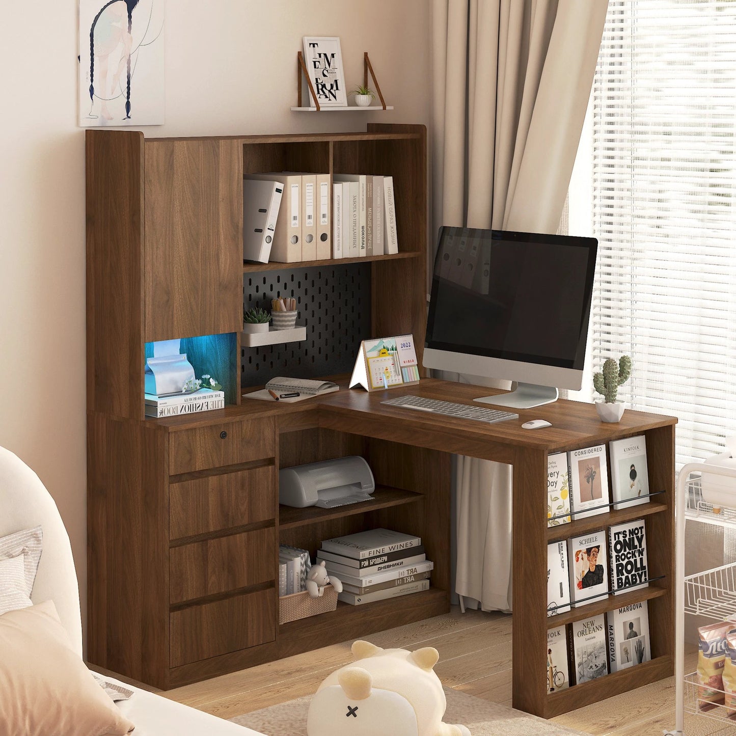 L Shaped Desk, Computer Desk With Drawers, Bookshelf,with LED Light, Modern Corner Desk by GJG Denim