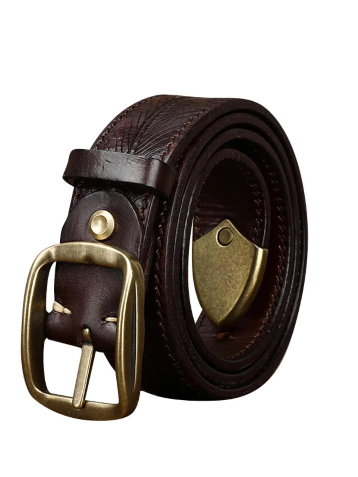 Men's 3.8CM Wide Thick Double-sided Cowhide Brass Buckle Belts by GJG Denim