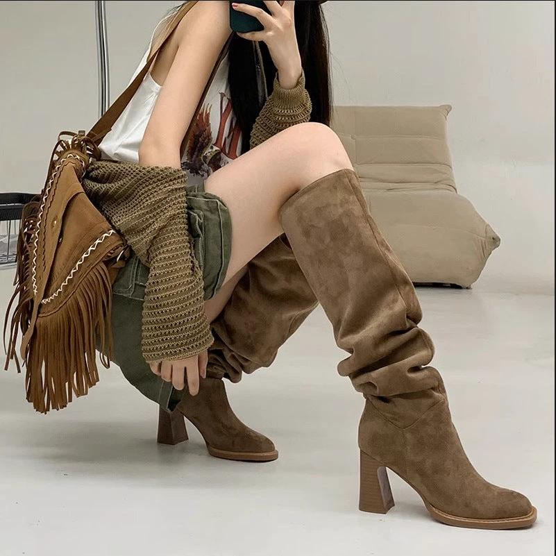 High Leg Boot High Heel Riding Boots Square Head Small Thick Leg Length by GJG Denim