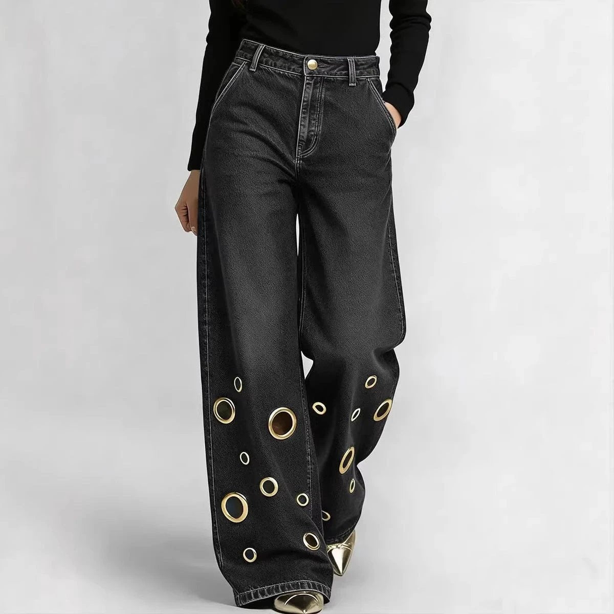 High-waisted Loose-fit Denim Jeans With Cutout Detailing And Metal Eyelets by GJG Denim