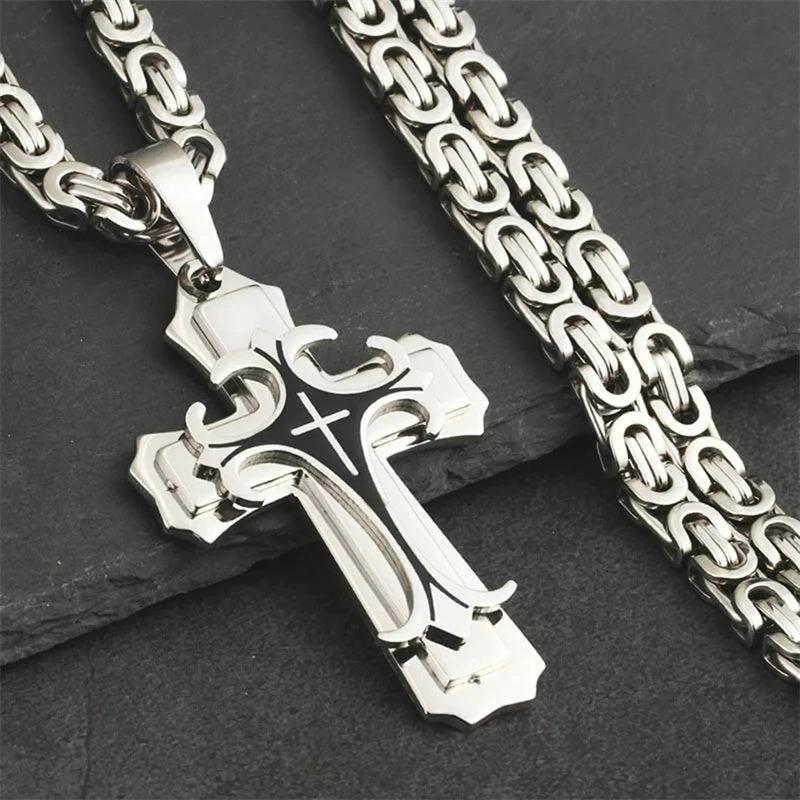 Christian Trinity Latin Cross Necklace For Men Stainless Steel Three Layers by GJG Denim