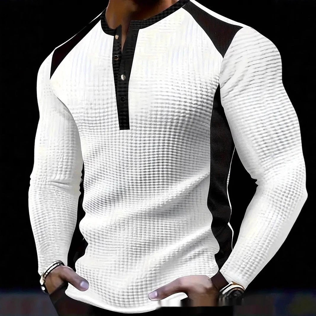 Men's Long-sleeve Shirt With Patchwork Jacquard Design Loose Fit by GJG Denim