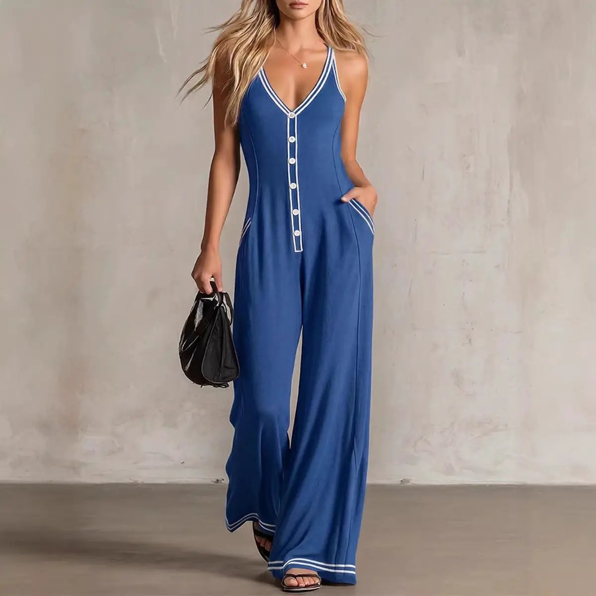 Womens V-Neck Casual Loose Backless Wide-Leg Jumpsuit by GJG Denim