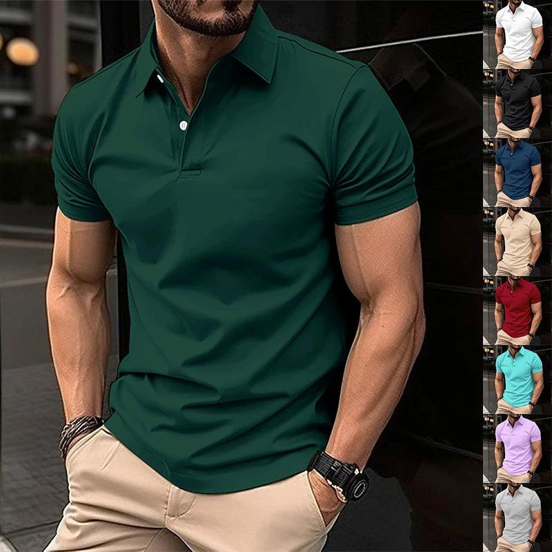 Short Sleeve Polo Shirt Men Solid Color Button Lapel Button Top by GJG Denim