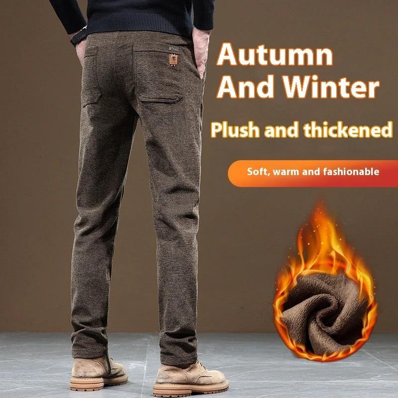 Men's Slim Fit Straight Fleece-lined Thick Business Casual Pants by GJG Denim