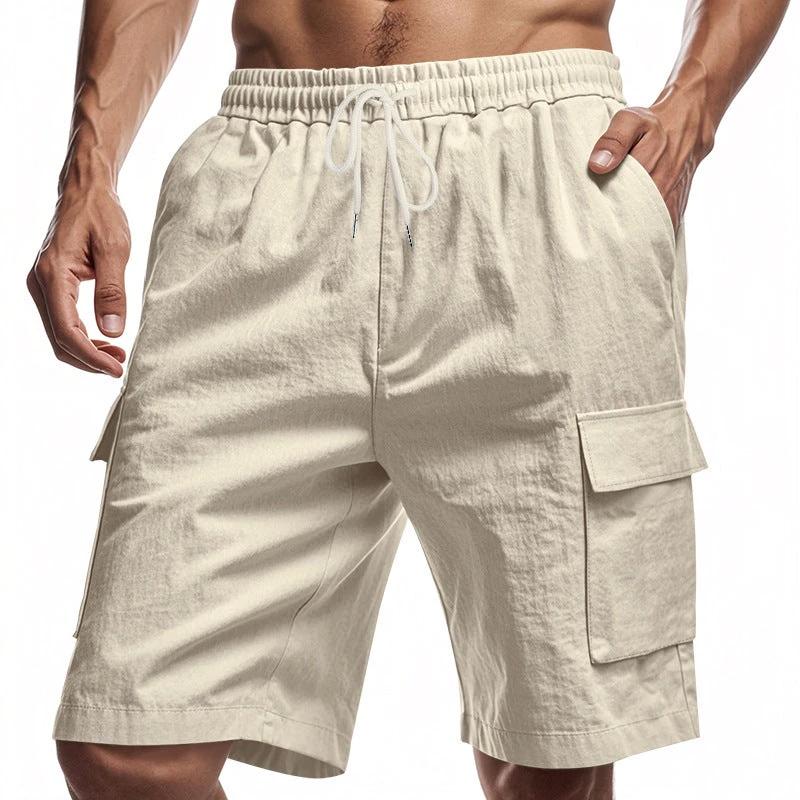Loose Sports And Leisure Solid Color Linen Drawstring Shorts by GJG Denim