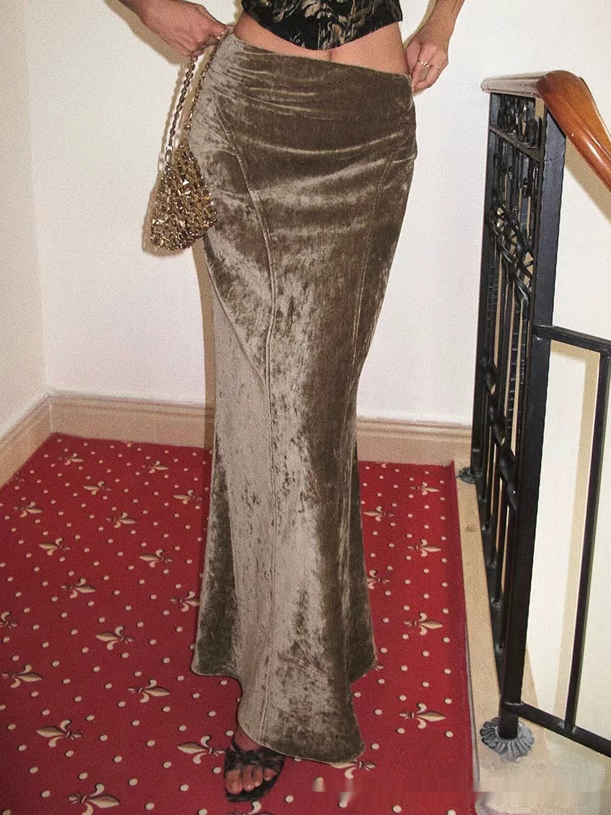 Long European And American Velvet Gloss Diamond Velvet Oblique Cut High Waist Drooping A- Line Temperament Sexy Skirt by GJG Denim