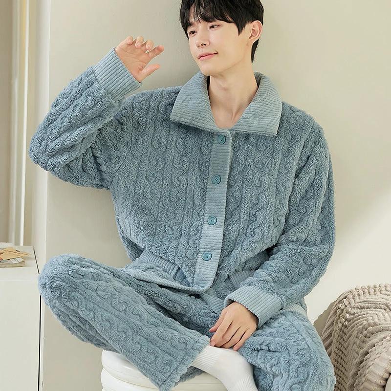 Pajamas Men's Jacquard Flannel Loose Fleece-lined Warm Loungewear by GJG Denim