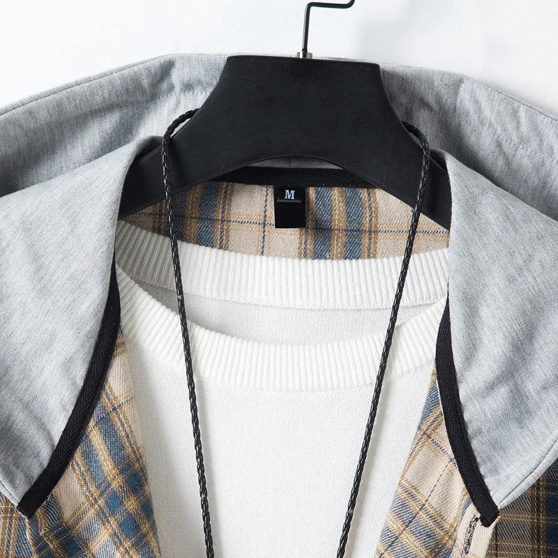 Men's Casual Plaid Long Sleeve Hooded Shirt by GJG Denim