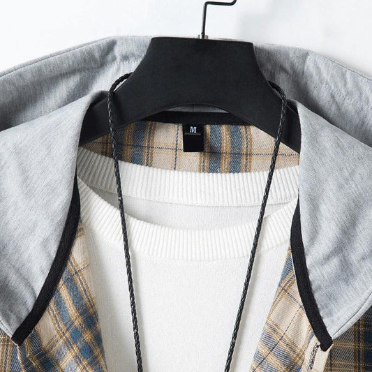 Men's Casual Plaid Long Sleeve Hooded Shirt by GJG Denim