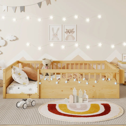 Full Montessori Floor Bed Frame With High Rails, Wood Kids Floor Beds With Light And Storage Shelf, Natural by GJG Denim
