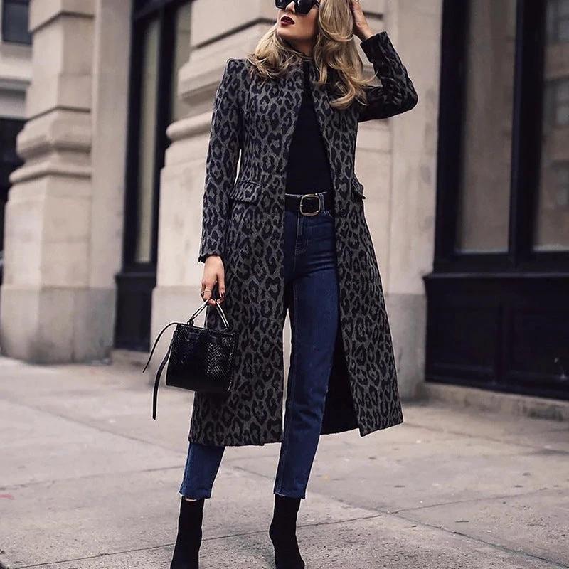 Coat Mid-length Black With A Turn-down Collar Leopard Print Top by GJG Denim