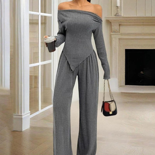 Women's Solid Color Off-Shoulder Long Sleeve Top & Pants Set - Elegant Asymmetrical Hem & Ruffes Cuff Casual Outfit by GJG Denim