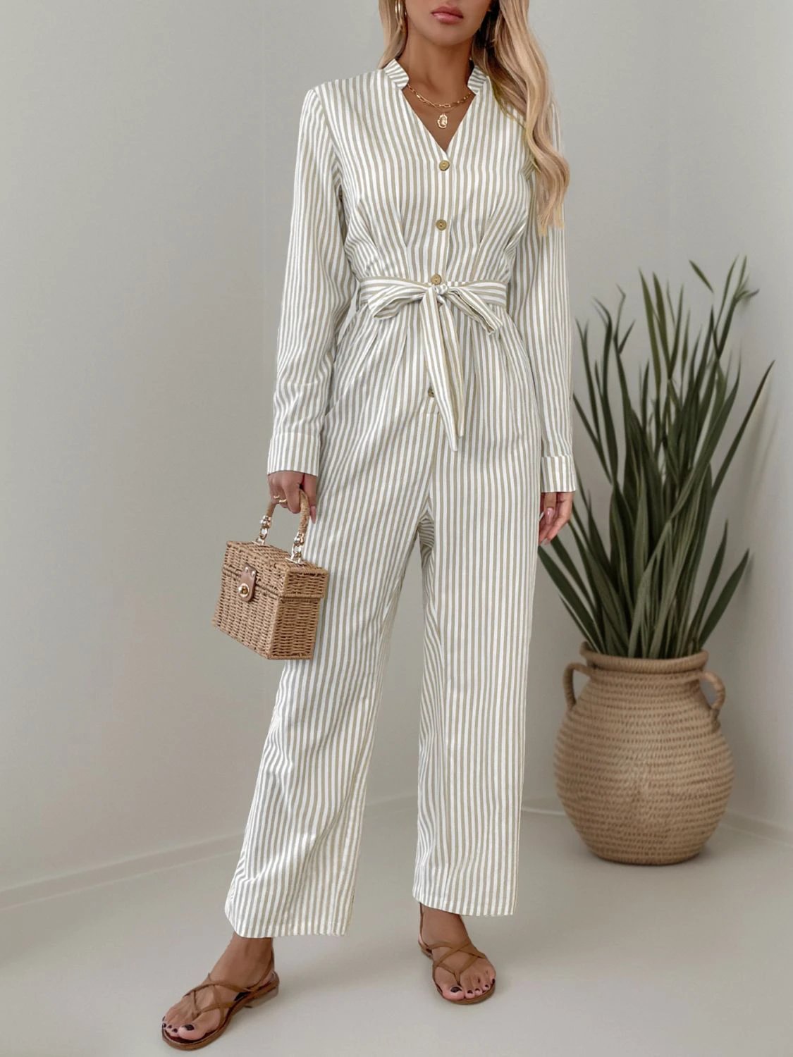 Striped Notched Long Sleeve Tie Waist Jumpsuit by Lady Ros
