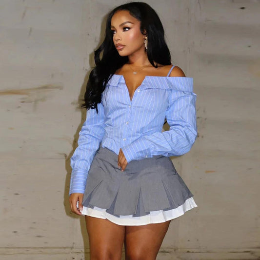 Hot Girl Style Women's Clothing Shirt Long Sleeve Off-the-shoulder Shirt Women by GJG Denim