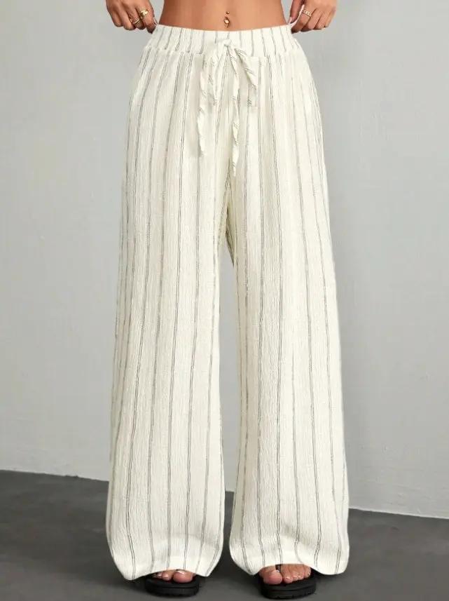 Textured Striped Wide-Leg Pants For Women, Elastic Waist Drawstring Casual Floor-Length Pants by GJG Denim