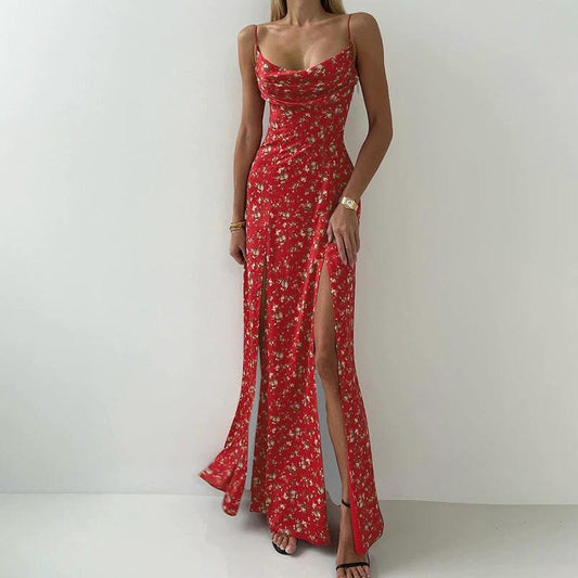Women's Printed High Waist Slit Off-neck Dress by GJG Denim