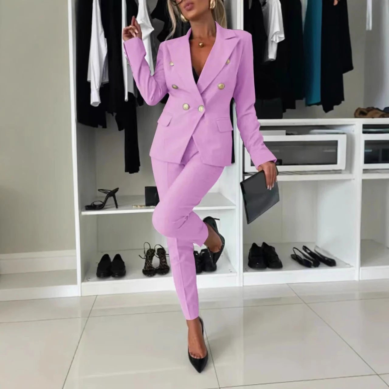 New All-matching Casual Suit Lapel Button-down Jacket And Slim-fit Trousers For Women's Office Business Set Clothing by GJG Denim