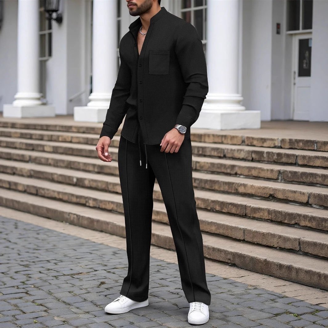 Waffle-textured Solid-color Stand-collar Shirt And Long-sleeve Pants Casual Set For Men by GJG Denim