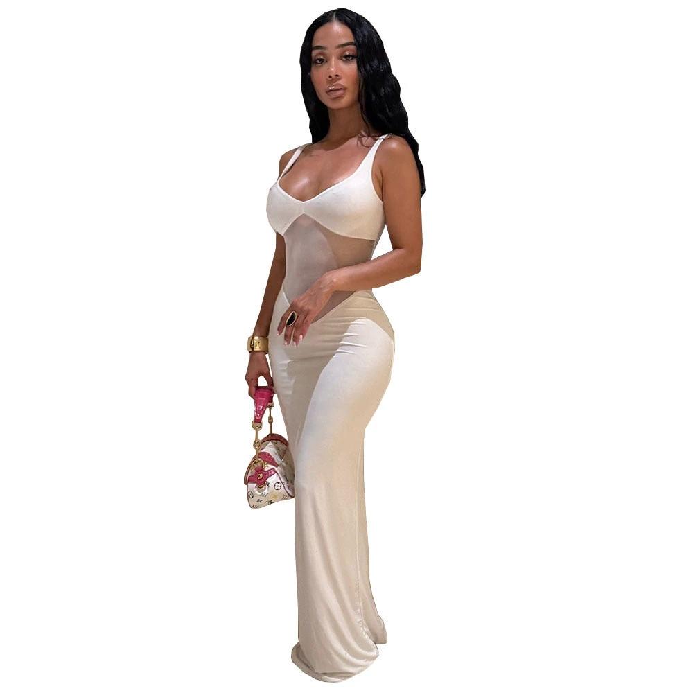 Sexy Patchwork Mesh Solid Color And V-neck Long See-through Dress by GJG Denim
