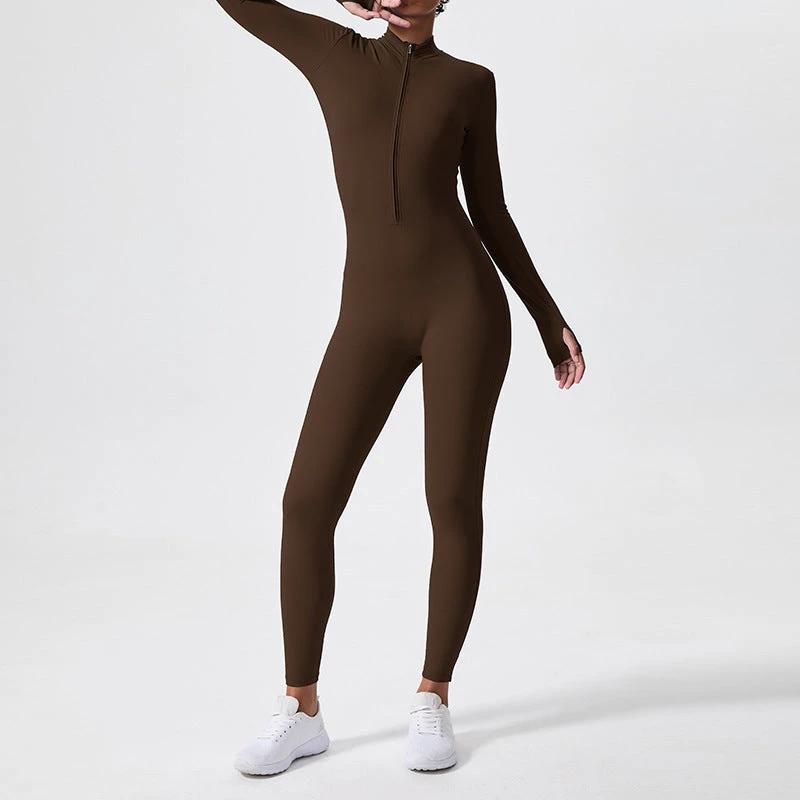 Long Sleeve Outdoor Sports Jumpsuit Workout Clothes Zipper Training Skinny Hip Raise Yoga Clothes by GJG Denim
