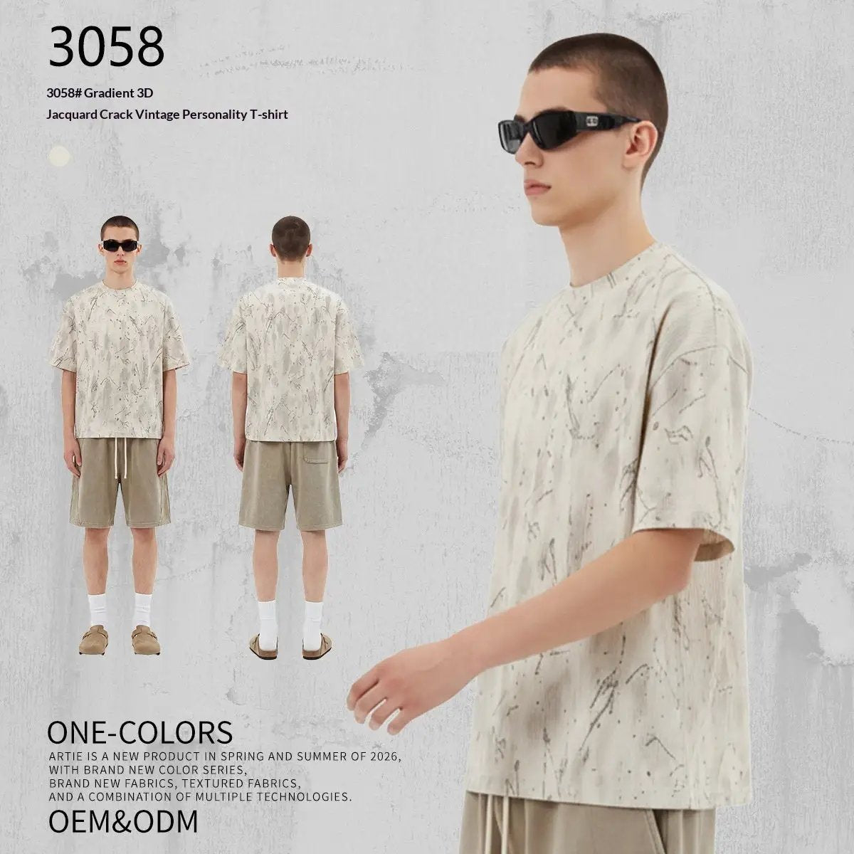 Ombre 3D Jacquard Crackle Distressed Trendy Brand All-Match T-Shirt by GJG Denim