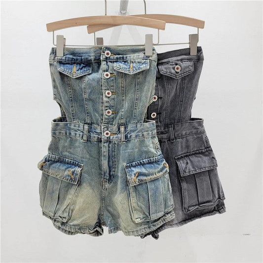 Hot Girl Breasted Hollow-out Midriff Tube Top Cowboy Siamese Shorts For Women by GJG Denim