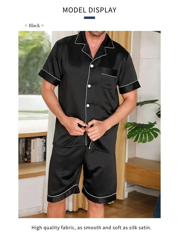 Men's Lapel Casual Breathable Thin Short-sleeved Shorts Pajamas Set by GJG Denim