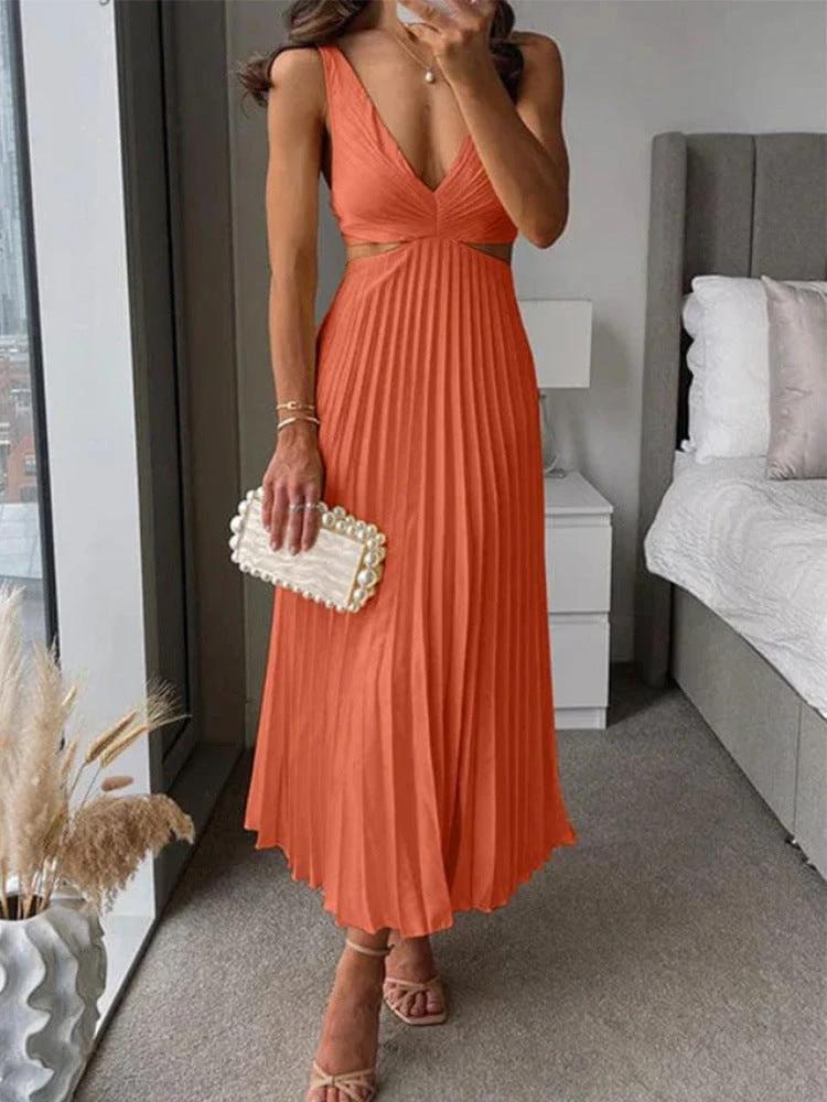 Ins Suspender Pleated Long Dress With Hollow-waisted Design Fashion V-neck Backless Dresses Summer Women's Clothing by GJG Denim