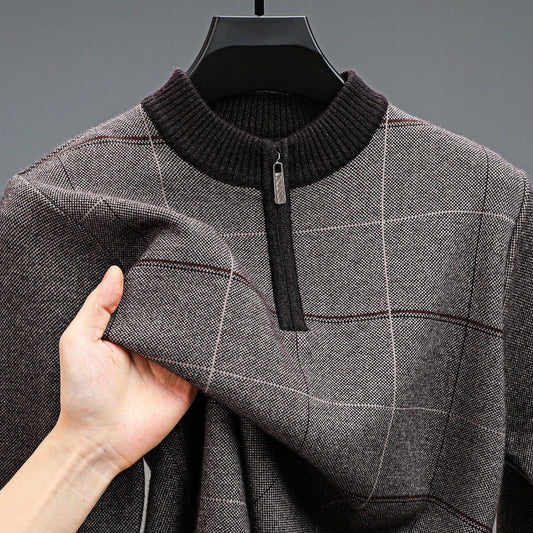 Men's Stylish Plaid Quarter-zip Knit Sweater by GJG Denim