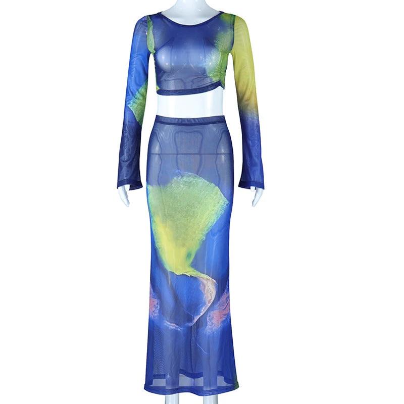 Printed Long Bell Sleeve top and long Skirt Set by GJG Denim