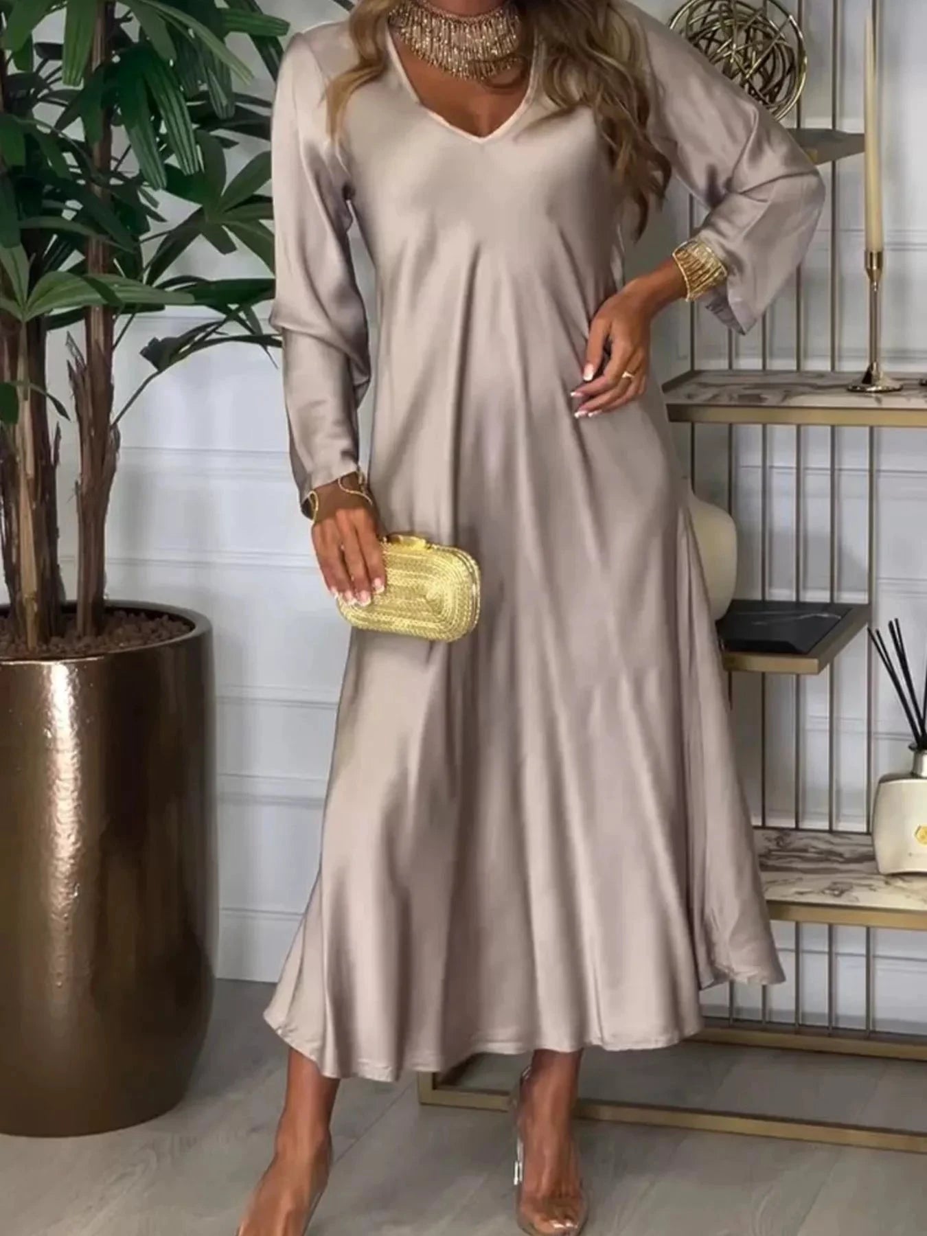 Full Size V-Neck Long Sleeve Midi Dress Plus Size by Lady Ros