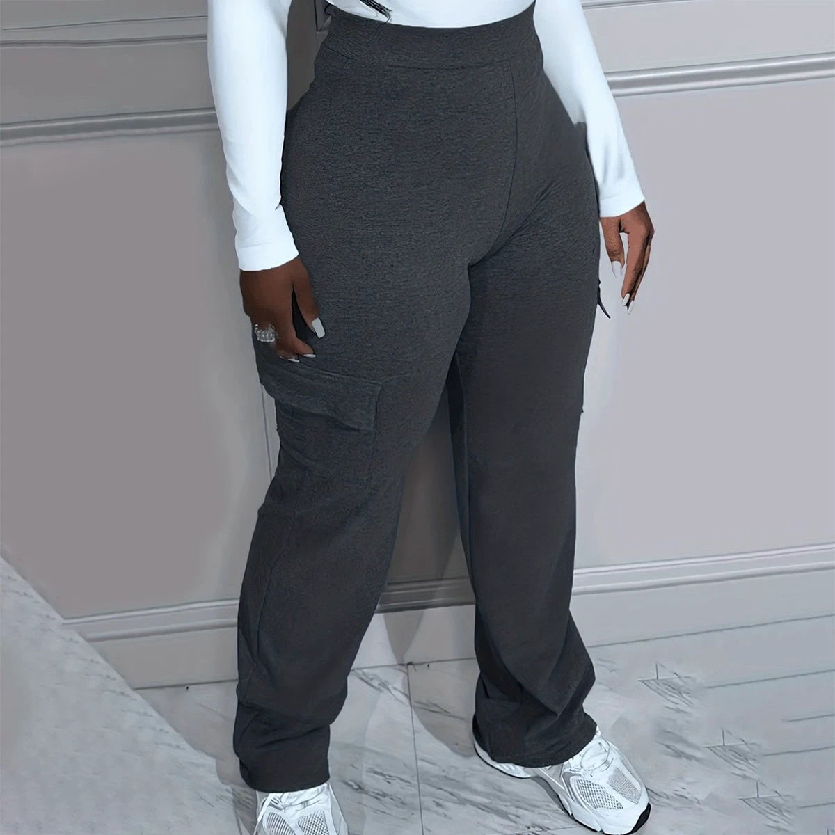 Plus Size Solid Color Simple cargo Knitted Women's Trousers by GJG Denim