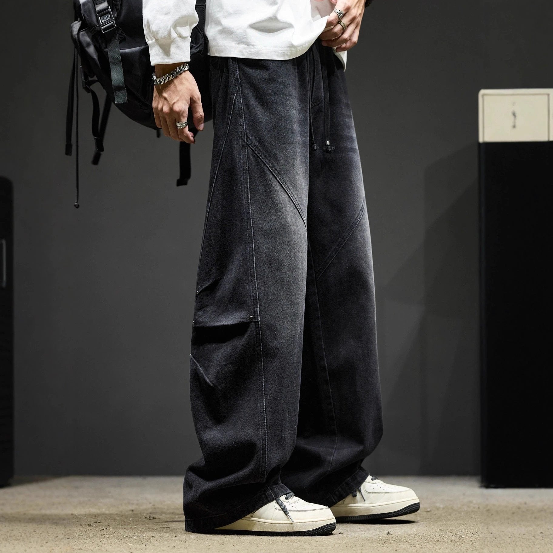 Retro Washed Casual Loose Wide-Leg Cargo Pants For Men by GJG Denim