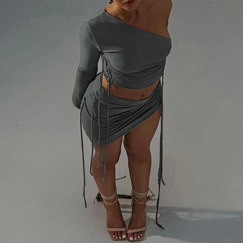 One Shoulder Midriff-baring Top Side Drawstring Skirt Set by GJG Denim