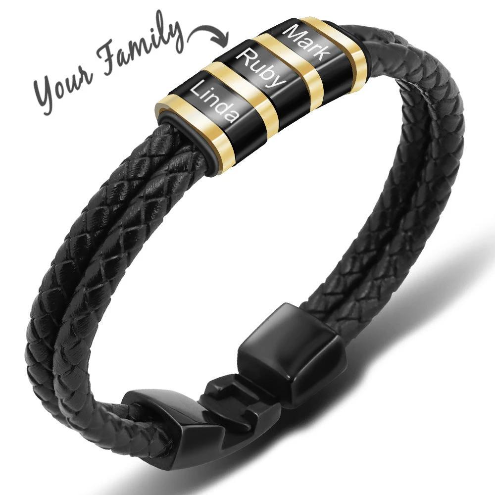 Black Leather Braided Stainless Steel Bead Bracelet For Men by GJG Denim