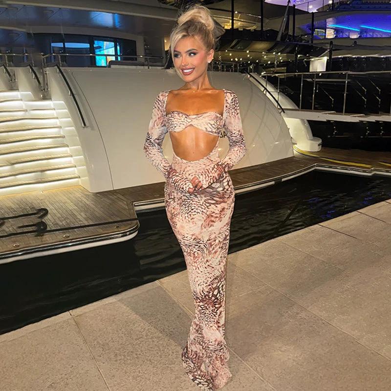 Sexy See-through Temptation Midriff Outfit Bandeau Slim-fit Long Sleeve Tight Dress by GJG Denim
