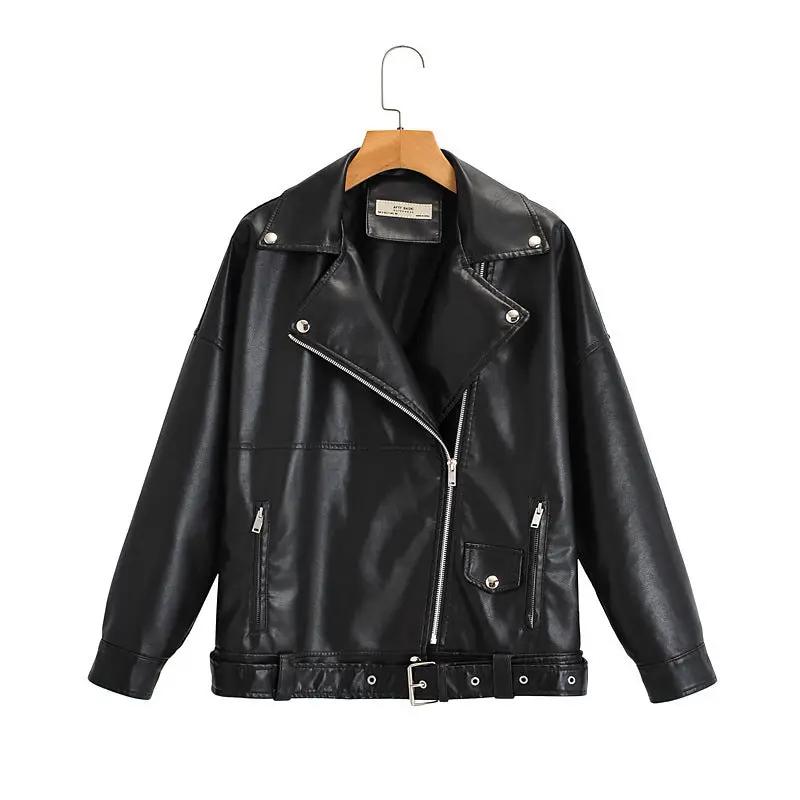 Turn-down Collar Loose Leather Jacket Womens Top by GJG Denim