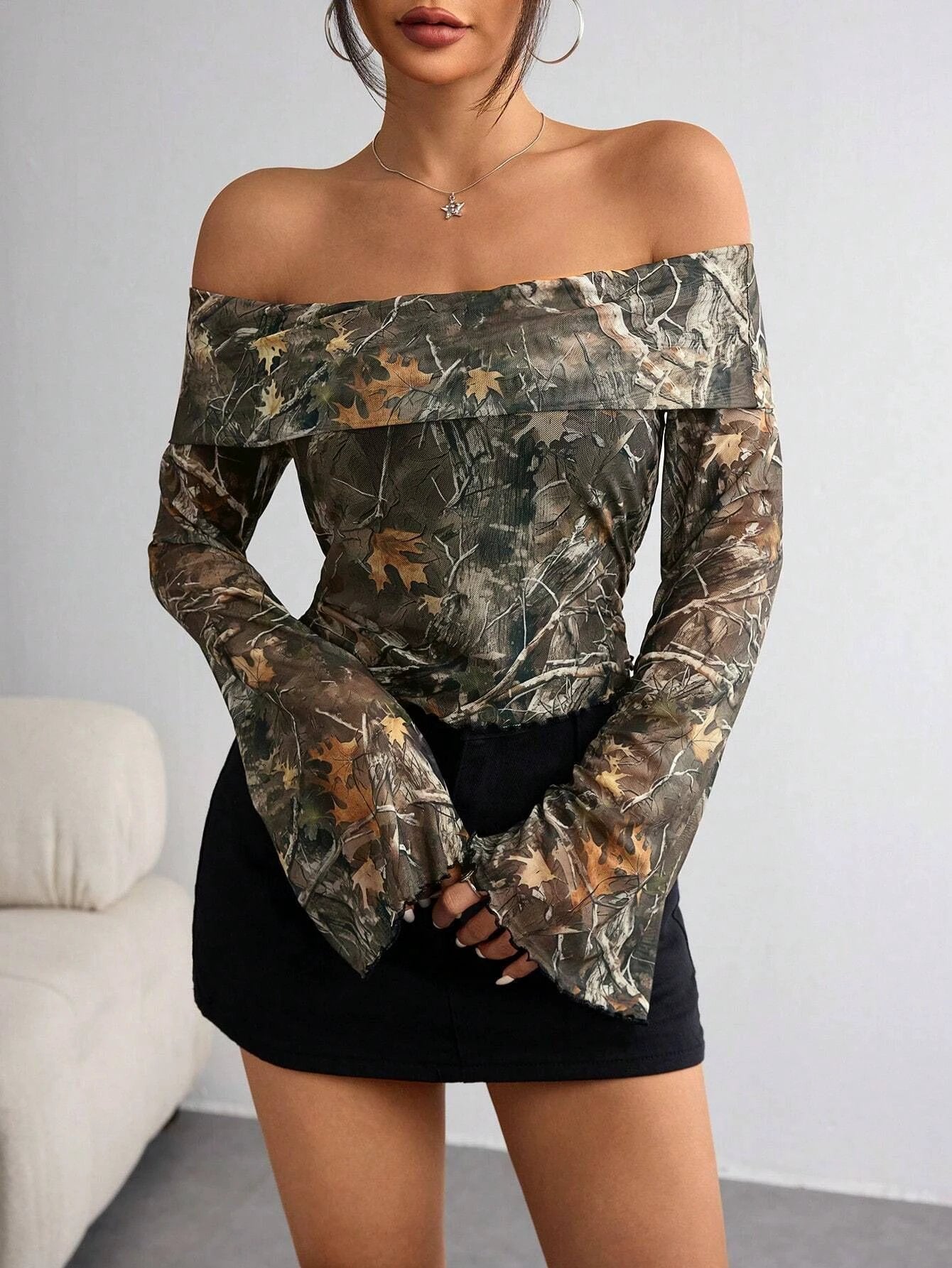 Mesh Printed Off-shoulder Long Sleeved Fitted T-shirt Top by GJG Denim