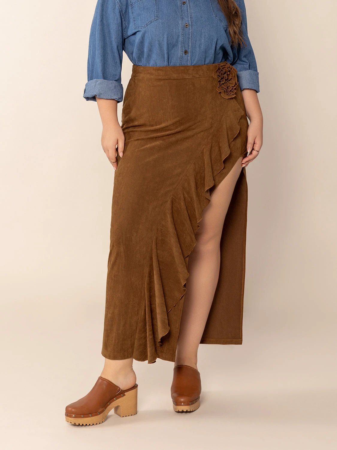Plus Size Ruffled Slit High Rise Skirt by Lady Ros