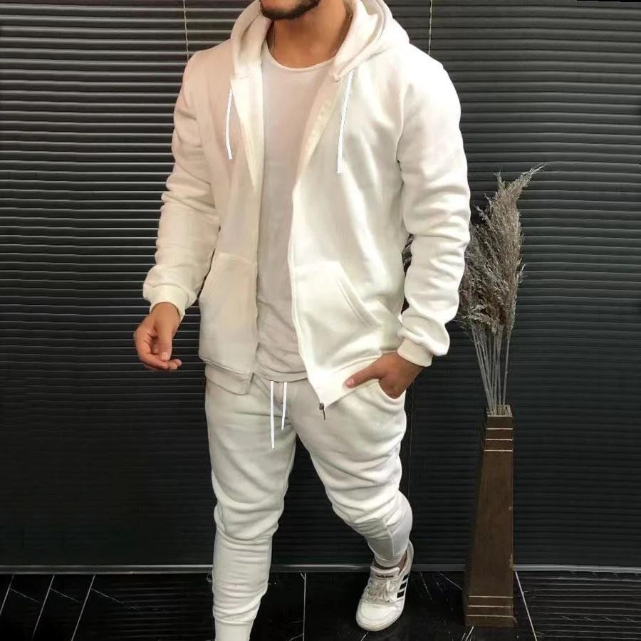 Mens Fashion Solid-Color Casual Hooded Cardigan Set by GJG Denim