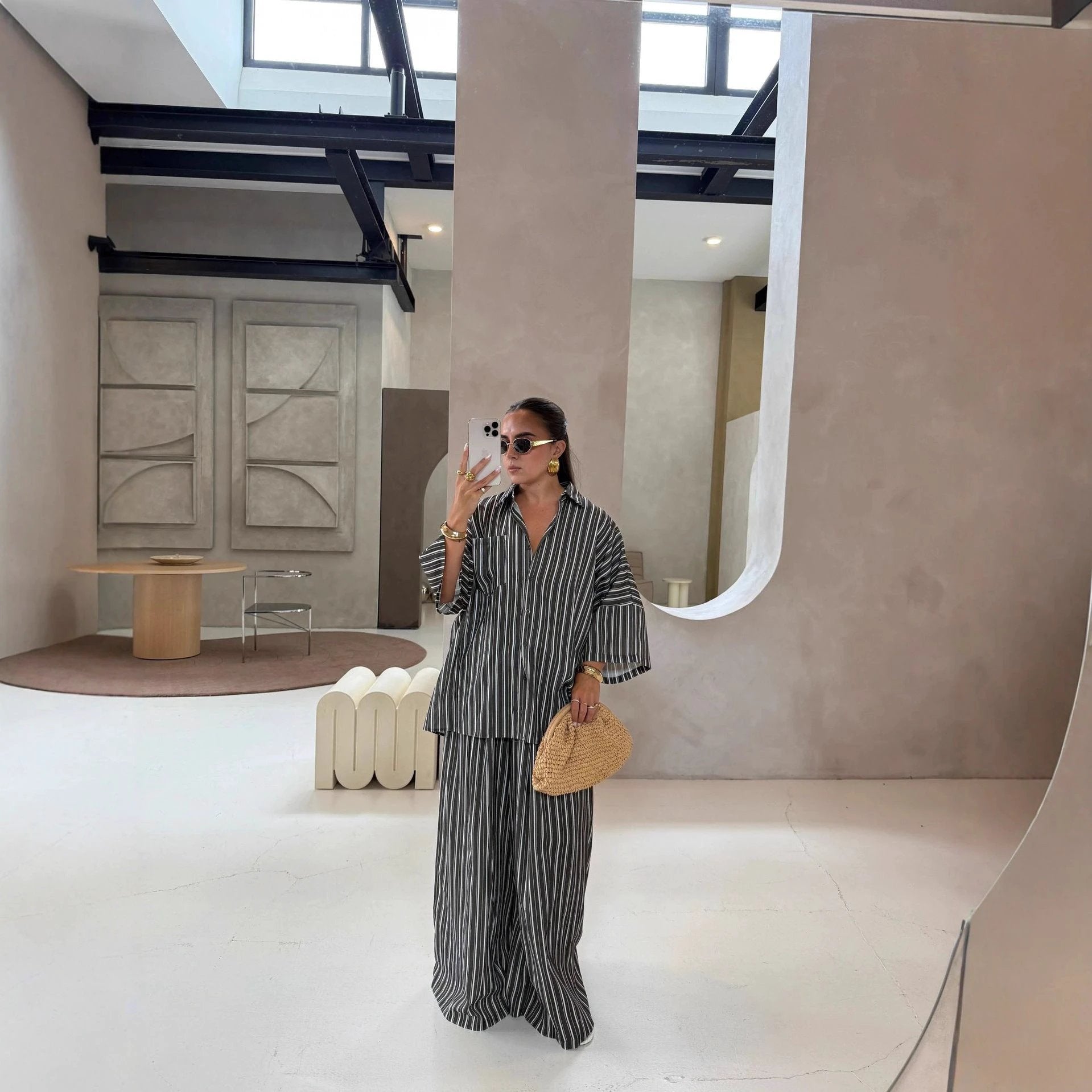 Casual Striped Shirt Wide Leg Pants Suit by GJG Denim