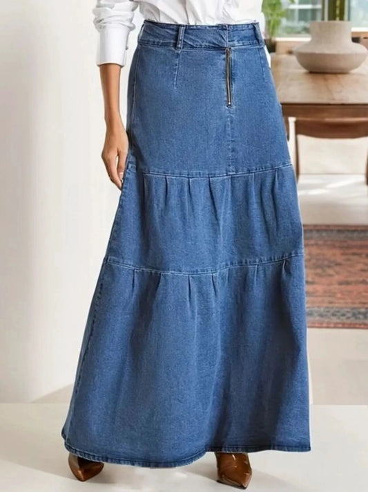 Tiered Maxi Denim Skirt with Zipper Detail by Lady Ros
