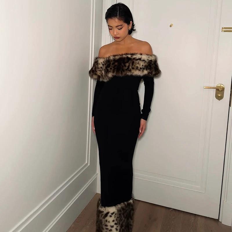 Atmospheric Leopard Print Fur Stitching Off-shoulder Dress by GJG Denim