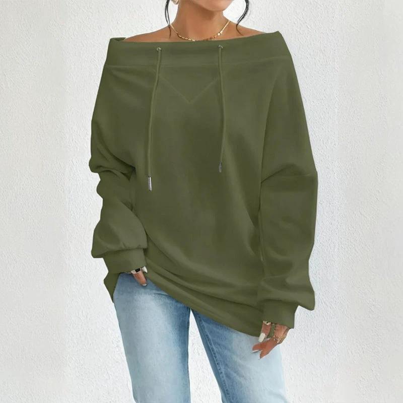 Plus Size Women's Solid Color Off-Shoulder Long Sleeve Pullover With Drawstring - Casual Ribbed Detail Top For Spring&Fall by GJG Denim