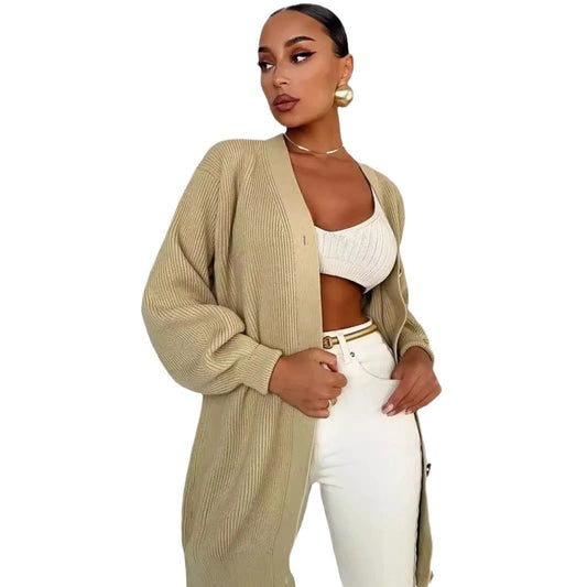 European And American Pure Color Casual Versatile Loose V-neck Early Autumn Knitted Cardigan by GJG Denim