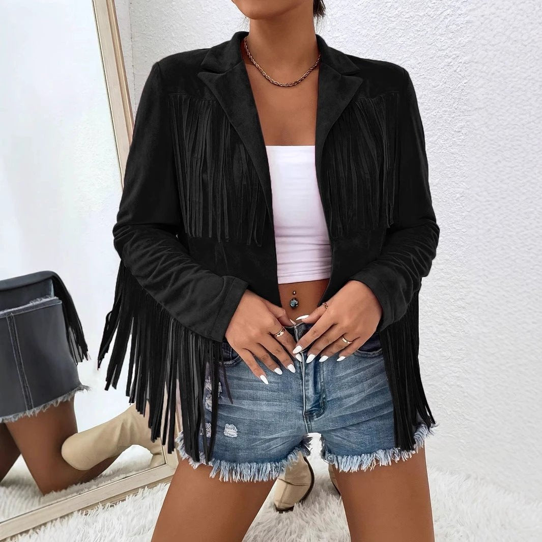 Spring And Autumn Women's V-neck Long Sleeve Fringe Jacket Solid Color Loose Short Coat by GJG Denim
